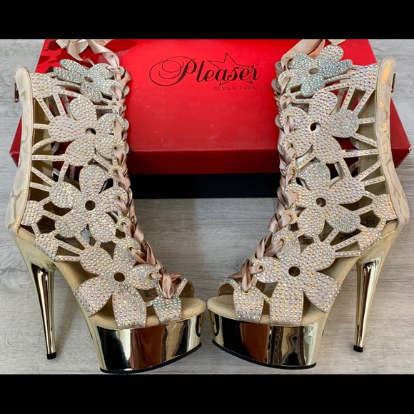 Pleaser Gold Flower Cutout Lace Up Stiletto Boots - Picture 2 of 11